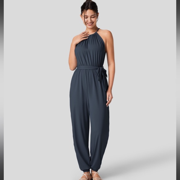 Sleeveless Tie Back Plicated Belted Side Pocket Cool Touch Jumpsuit-UPF50+ - Picture 2 of 8